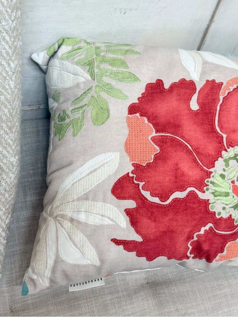 Pottery Barn Red Yellow Posy Floral Indoor Outdoor Lumbar Accent Pillow - Picture 7 of 14